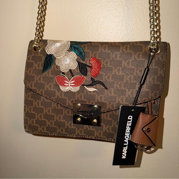 Karl Lagerfeld Handbags - Karl Lagerfeld Brown Floral Chain Shoulder Bag